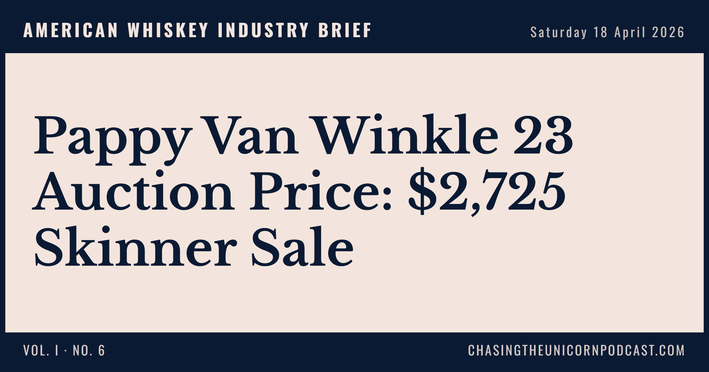 American Whiskey Industry Brief, 18 April 2026 — Pappy Van Winkle 23 Auction Price: $2,725 Skinner Sale